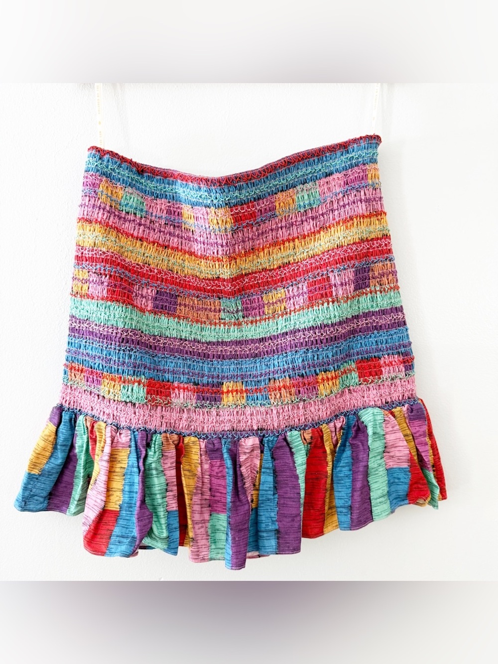 FARM Rio Multicolor Smocked Mini Skirt with Ruffle Hem